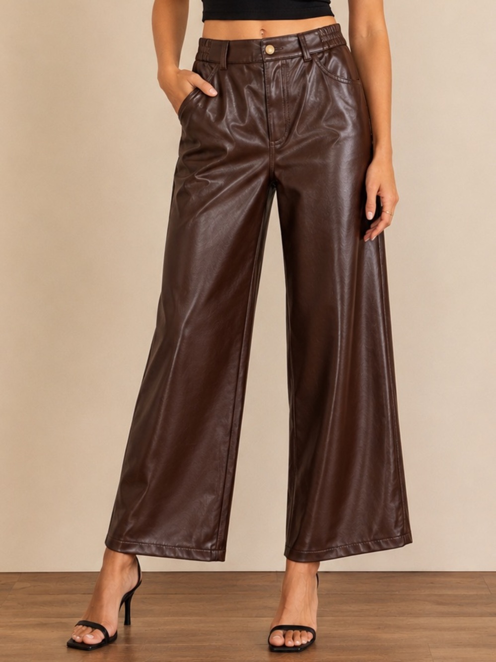 Garage Brown Faux Leather High Rise Wide Leg Pants Straight Leg Trousers. Size S